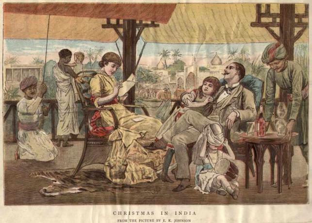 noin vuonna 1900: Brittiläinen perhe juhlii joulua Intiassa.