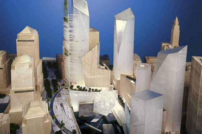 Studio Libeskindin alkuperäisen World Trade Center -suunnitelman malli, joulukuu 2002 Diaesitys