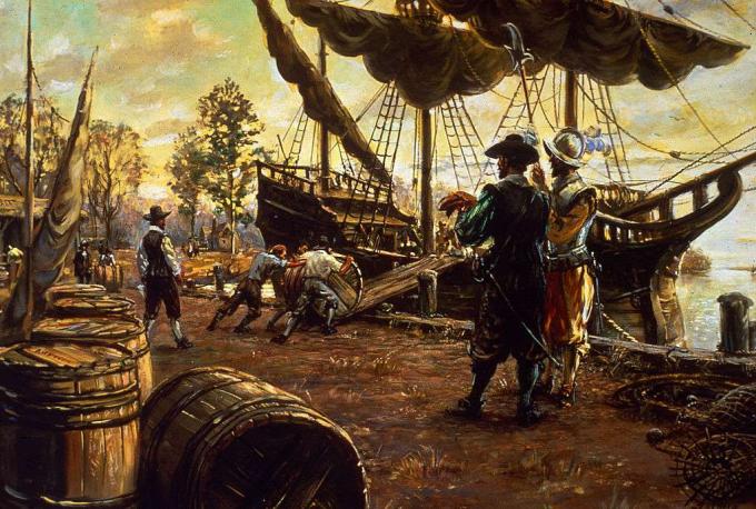 Uudisasukkaat rullaavat tynnyritynnyriä rampille ja alukselle vientiä valmisteltaessa, Jamestown, Virginia, 1615.
