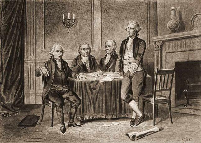 Kuva neljästä Yhdysvaltain perustajaisästä vasemmalta John Adams, Robert Morris, Alexander Hamilton ja Thomas Jefferson, 1774.