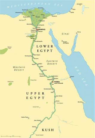 Muinaisen Egyptin historiallinen kartta tärkeimmistä nähtävyyksistä, joet ja järvet. Kuva englanninkielisillä merkinnöillä ja skaalaus.
