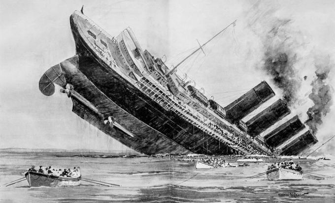 RMS Lusitania uppoaa, perä perässä.