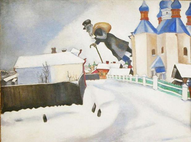 Valtava mies mustalla turkilla, laukulla ja sokeriruo'olla kelluu lumisen kylän yli sipuli-kupolikirkojen kanssa