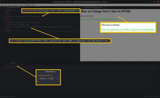 Koodieditori HTML: llä ja korostetuilla osioilla vasemmalla ja HTML-esikatselu ja korostetut tulokset oikealla sekä CSS-muokkauspaneeli korostetuilla osioilla alaosassa