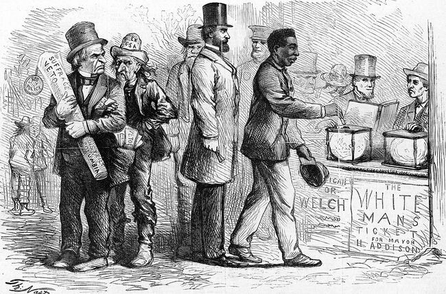 Maaliskuu 1867, amerikkalaisen sarjakuvapiirtäjä Thomas Nastin Harper's Weekly -poliittinen sarjakuva, joka kuvaa afroamerikkalaista mies heittämässä äänensä äänestyslaatikkoon Georgetownin vaalien aikana Andrew Jacksonin ja muiden katsellessa vihaisesti.