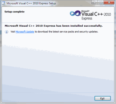 Visual C ++ 2010 Express on asennettu onnistuneesti