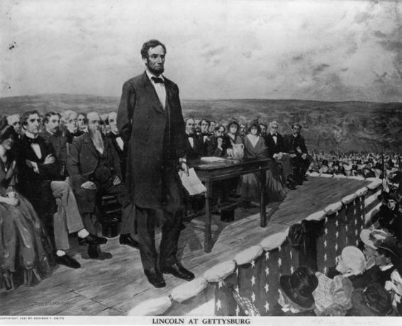 Abraham Lincoln, Amerikan yhdysvaltojen 16. presidentti, pitämässä kuuluisan Gettysburg-puheensa 19. marraskuuta 1863.