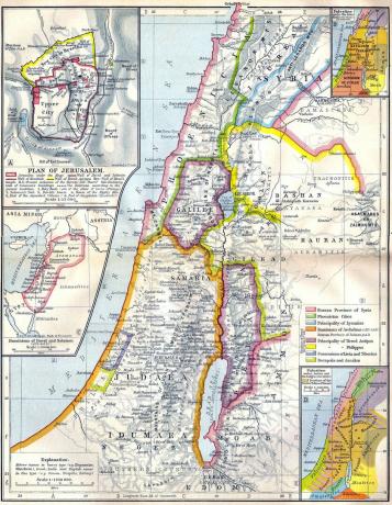 Muinaisen Palestiinan kartta, jossa on hyönteisiä, jotka osoittavat Jerusalemin ja Daavidin, Salomon, Joosuan ja tuomarien hallitukset