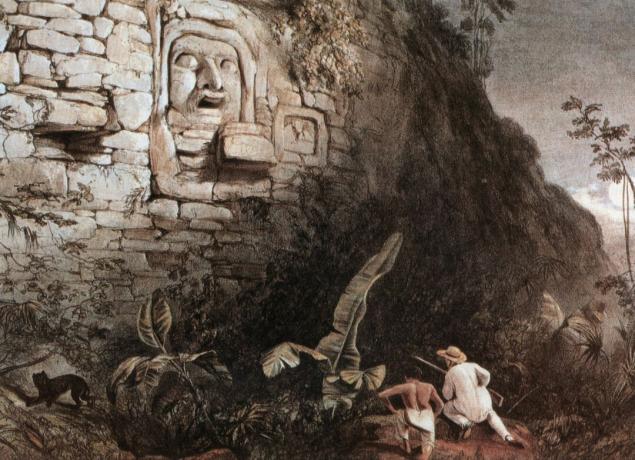 Itzamanan Maya-veistos, litografia Frederick Catherwoodilta vuonna 1841: se on ainoa kuva tästä stukkomaskista (2m korkea). metsästyspaikka: valkoinen metsästäjä ja hänen opas metsästävät kissan