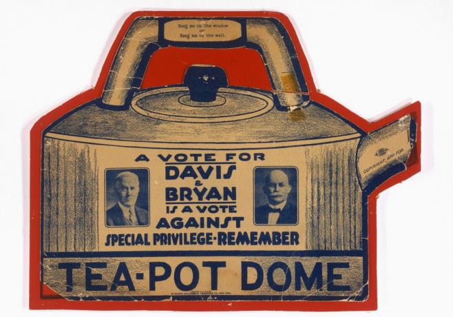 Vuoden 1924 vaalimainos, joka viittaa Teapot Dome -skandaaliin
