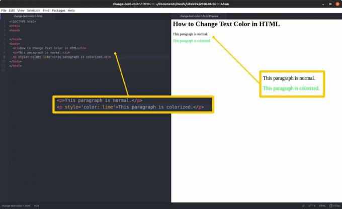 Koodieditori HTML-koodilla ja korostetuilla osioilla vasemmalla ja HTML-esikatselu ja korostetut tulokset oikealla