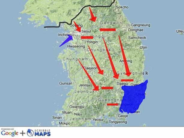 Pusanin kehä ja Inchonin kartta, Korean sota, 1950