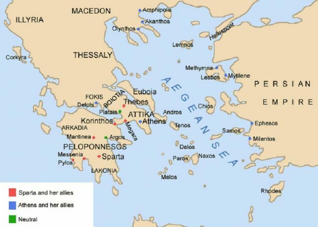 Kartta, joka näyttää ryhmittymät Peloponnesian sodan aikana.