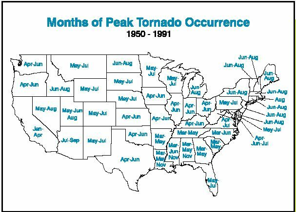 Tornadon huippukuukaudet valtion mukaan