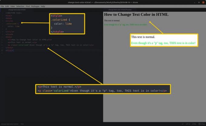 Koodieditori HTML-koodilla ja korostetuilla osioilla vasemmalla ja HTML-esikatselu ja korostetut tulokset oikealla