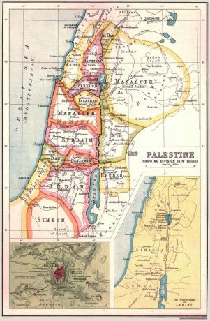 Palestiinan kartta, josta nähdään Israelin kahdentoista heimon alueet Jerusalemin ja