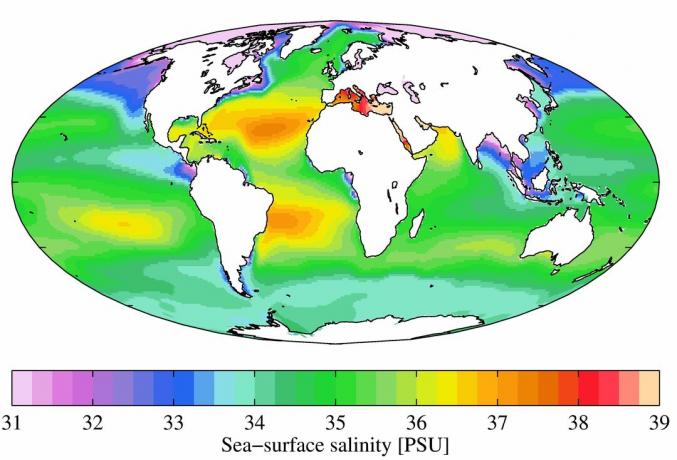Vuotuinen keskimääräinen suolapitoisuus merenpinnasta vuoden 2009 maailmanmeressä. Suolaisuus on lueteltu käytännöllisissä suolaisuusyksiköissä (PSU).