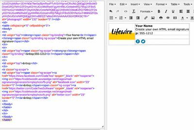 HTML-allekirjoitus (oikealla) ja HTML-koodi (vasemmalla)