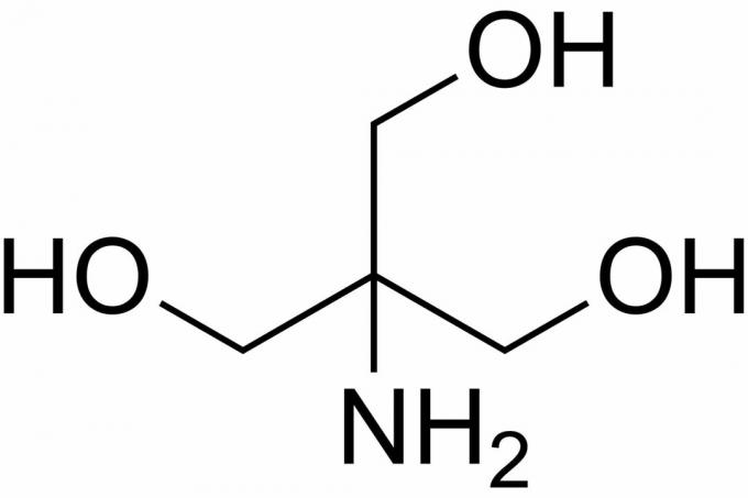Tris-puskuriliuos; 2-amino-2- (hydroksimetyyli) propaani-1,3-diolin rakenne