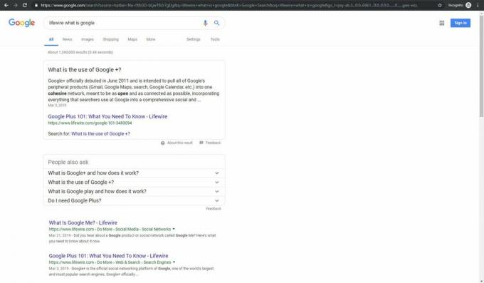 Google-haku sivutason termille incognito-tilassa