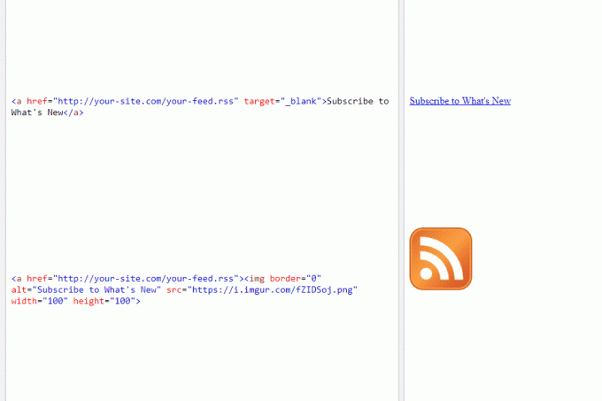 Näyttökuva, joka näyttää kaksi tapaa liittää RSS-syötteeseen HTML: n avulla