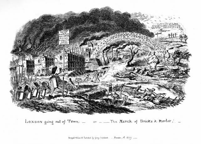 'Lontoo lähtee pois kaupungista - tai maaliskuun tiilet ja laasti', 1829. Taiteilija: George Cruikshank