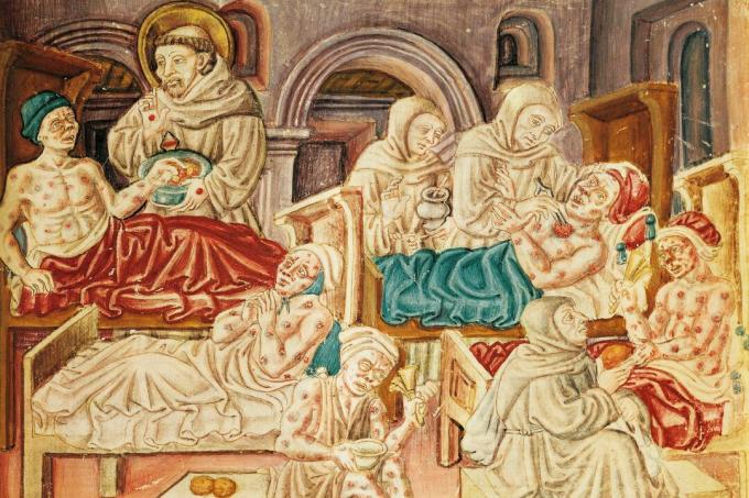 Fransiskaanit hoitavat ruton uhreja, miniatyyri La Franceschinasta, n. 1474, Codex, Jacopo Oddi (1400-luku). Italia, 14. vuosisata.