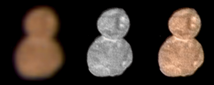 Ensimmäiset värikuvat vuodelta 2014 MU69 Ultima Thule. Punertava materiaali on todennäköisesti pinnoite, joka on luotu ultraviolettivalon vuorovaikutuksessa jäiden kanssa.