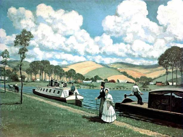 Eerie-kanavan värimaalaus vuonna 1825 matkalla veneisiin ja katettuihin vaunuihin etäisyydellä.